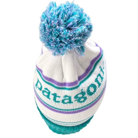 Patagonia Powder Town Beanie Teal Purple White Striped Pom Pom Knit Hat 29187 - Picture 3 of 10